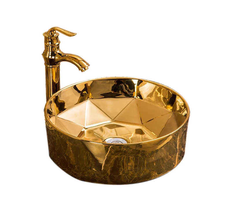 Sanitary Ware  Toilet Manufacturer Bathroom Accessories Ceramic Wash Basin Gold Plated Round Shape with Diamond Design