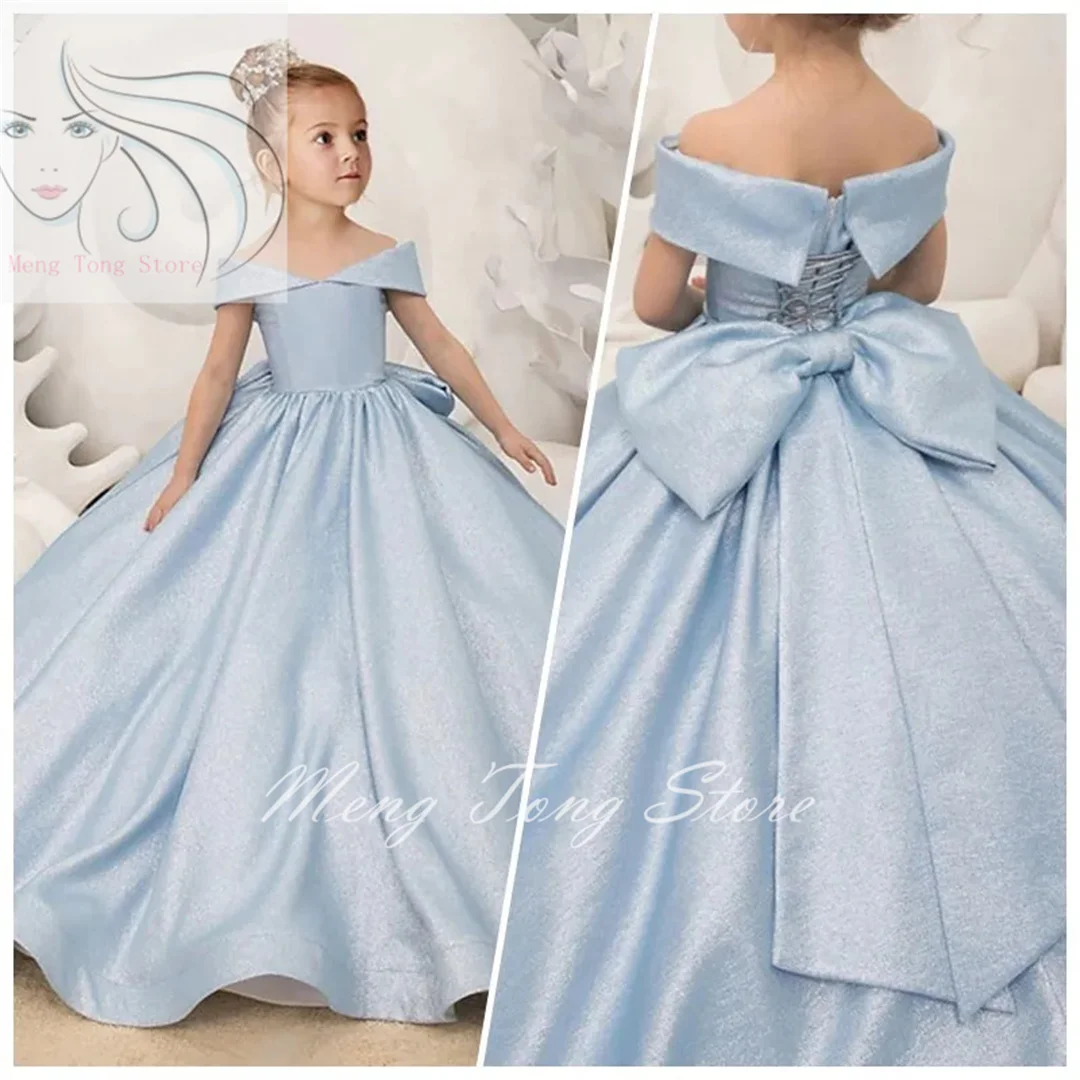 Light Blue Flower Girl Dresses Simple Bow Elegant Princess Satin Ball Gown For Kids Birthday Party First Communion Dress