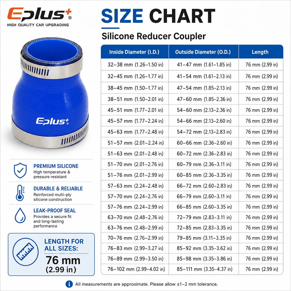 Adaptador de Mangueira Redutora de Silicone Reforçado Eplus Azul 4 Camadas, Resistente a Altas Temperaturas e Retardante de Chamas para Tubo de Admissão de Intercooler de Carro Turbo