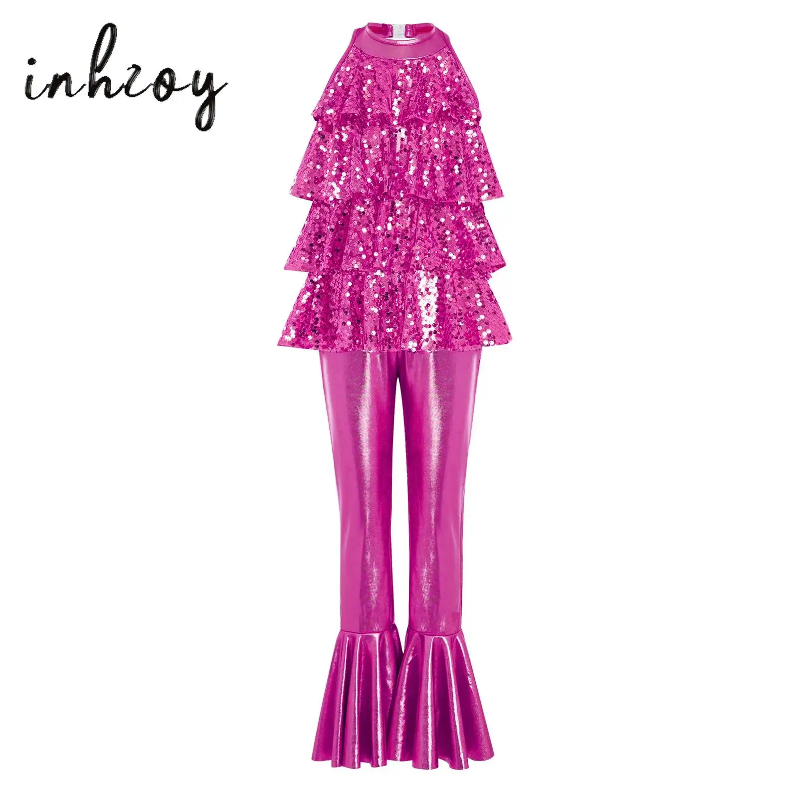 

Kids Girls Gymnastics Rhythmic Jumpsuit One-piece Ballet Jazz Dance Performance Costume Metallic Full Length Leotards Uniatrds