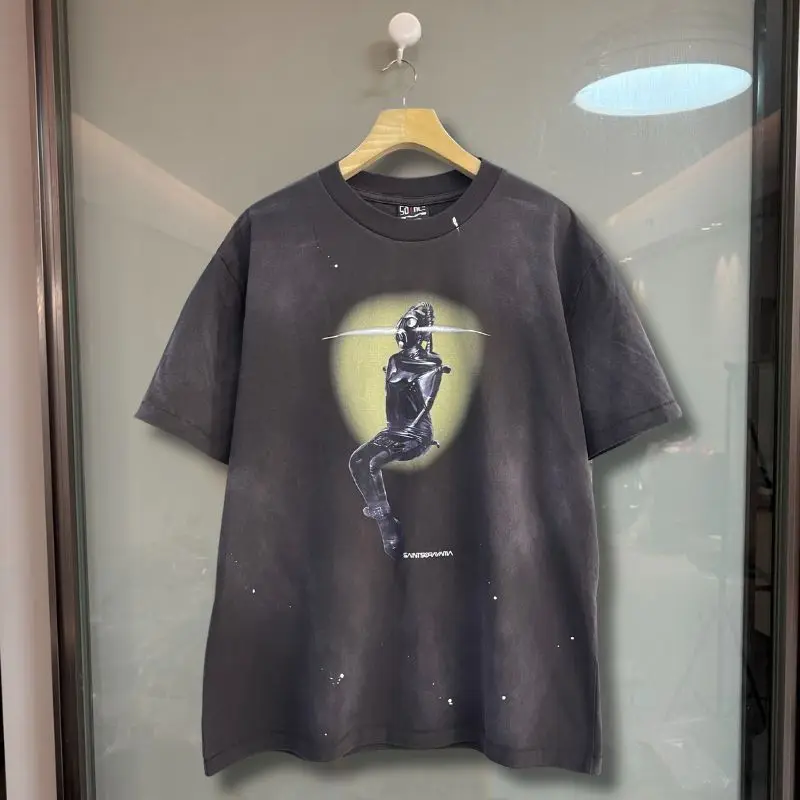 Men Women Summer Saint T-shirts Vintage Washed Metal Dinosaur Anime Print Cotton Short Sleeve Streetwear Loose Cartoon Top Tees
