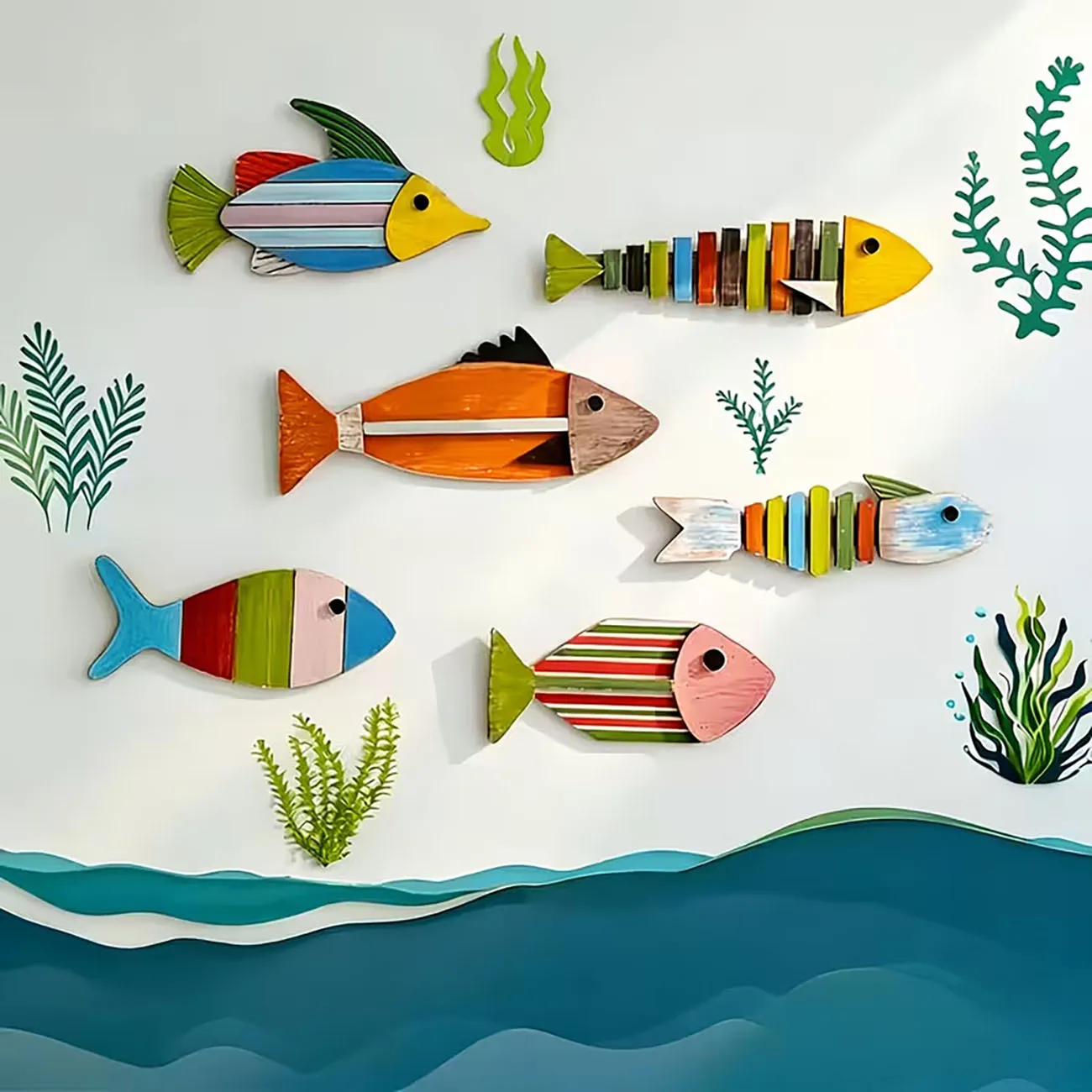 6PCS Colorful Wooden Fish Wall Decor, Coastal Style Fish Ornaments with Double-Sided Nano Tape