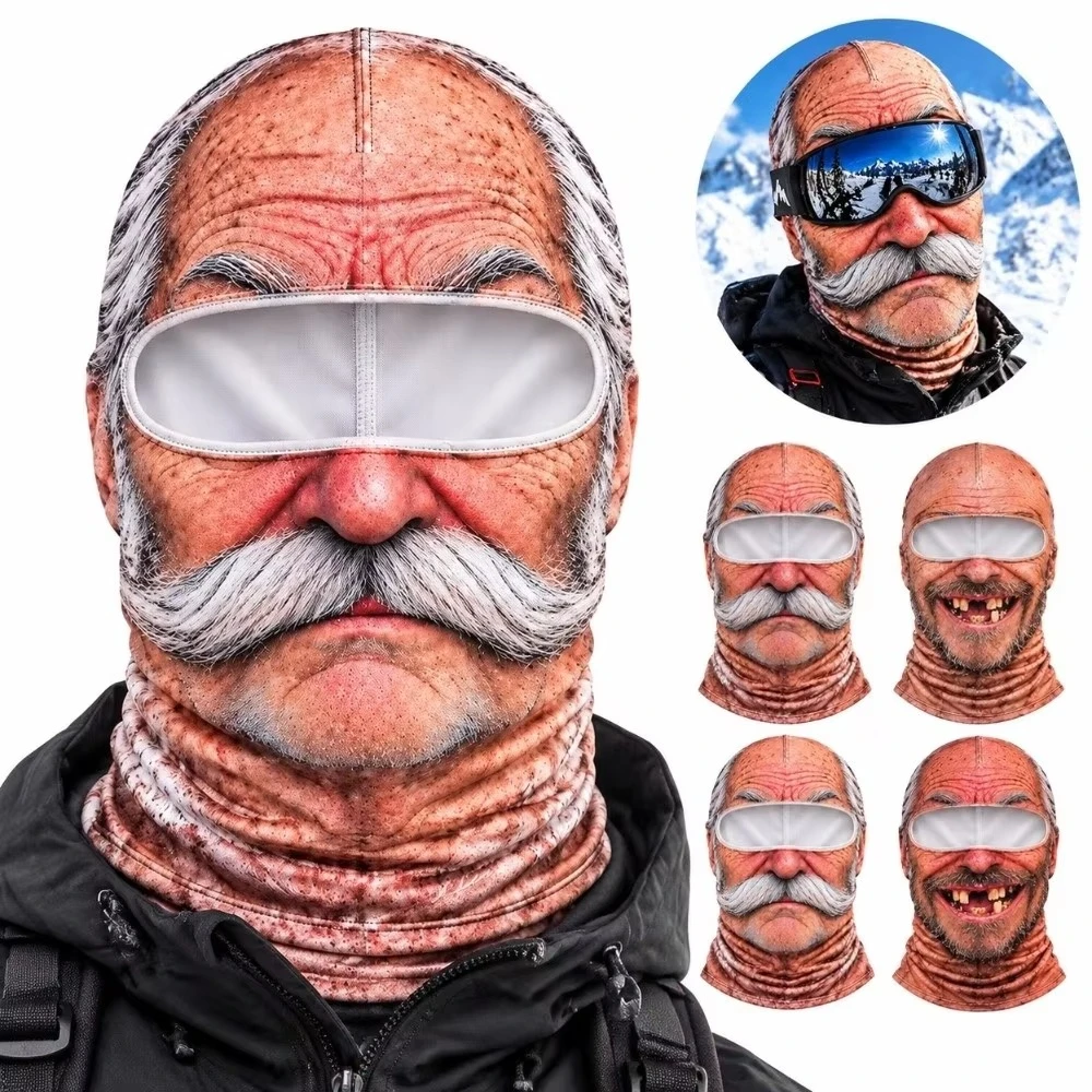 3D Face Printed Old Man Balaclava Full Coverage Breathable Eye Hole Winter Mask Cover Stretch White Mustache Novelty Headwear