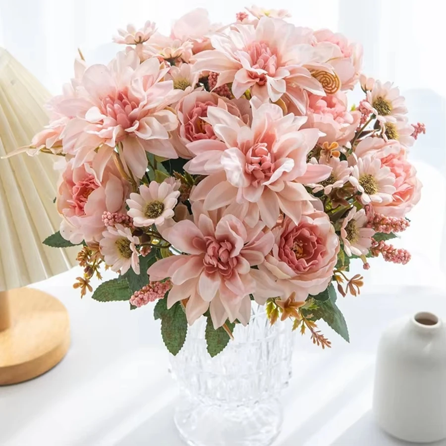 

10pcs Artificial Flowers Silk Dahlia Roses Daisy Home Vase Garden Decor Outdoor Wedding Bridal Bouquets Parties Photograph Props