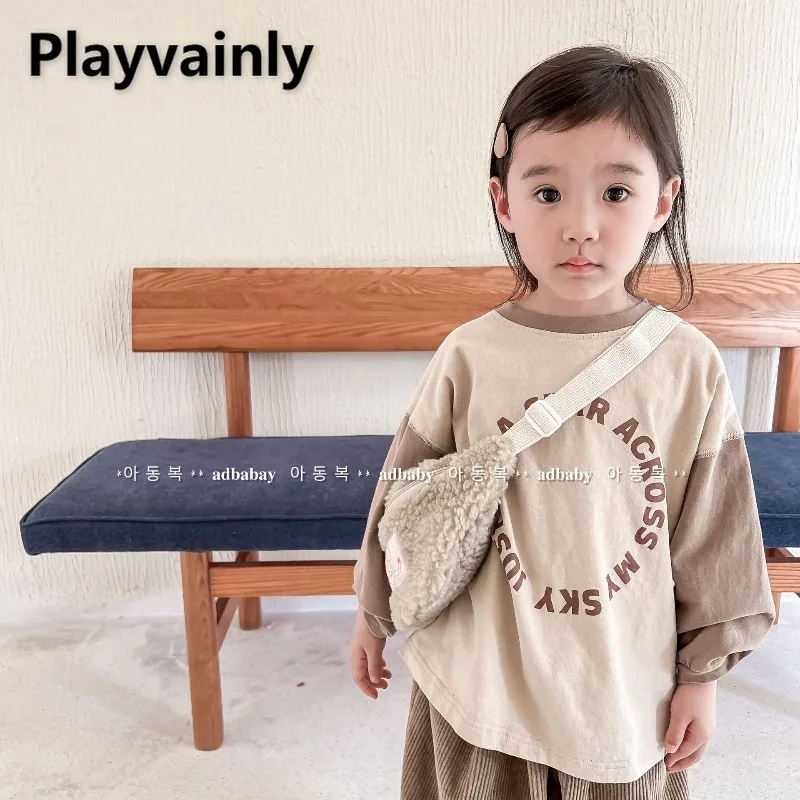 

New Spring Autumn Children Clothes Patchwork Color Long Sleeve Round Neck Letter Print Casual T-shirt Boy Girl Loose Tops A22513