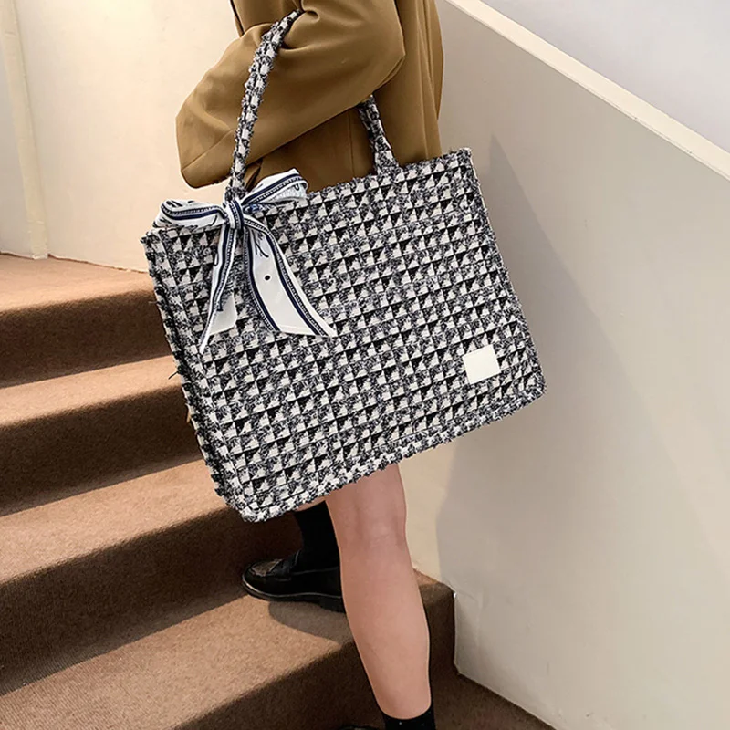 1PC Premium Texture Square Plaid Tote Women\'s Bags Work Class Commuter Canvas Computer Handbag