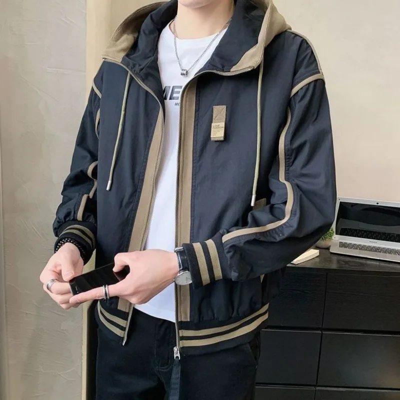 

Spring Autumn Jackets Men Patchwork Zip Up Cargo Jacket Loose Casual Long Sleeve Hooded Tops Black White Green Men Clothing New