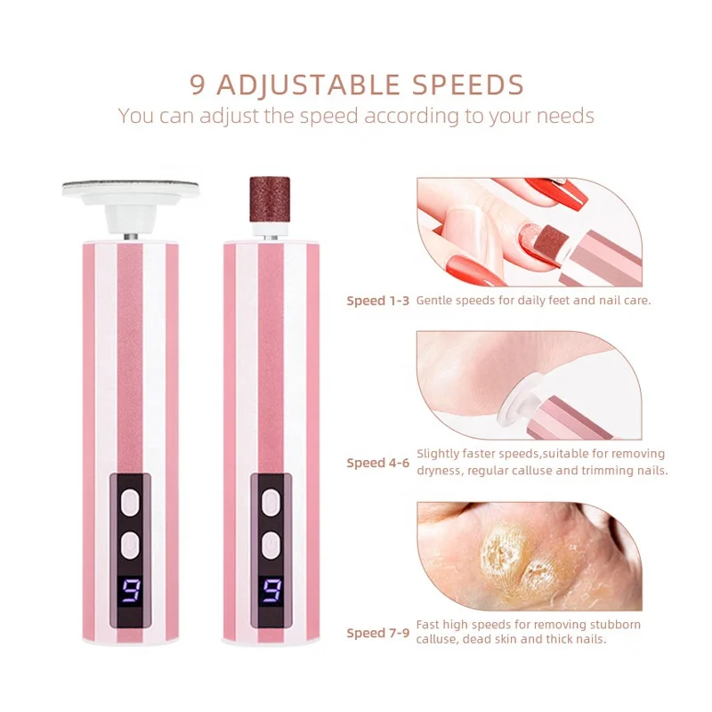 Portable Electric Foot File Pedicure Polishing Drill Machine 9-Speed Adjustable Replaceable Sanding Discs Digital Display USB