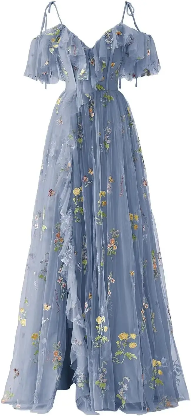

Women's Flower Embroidery Tulle Prom Dresses Slit Long Spaghetti Straps V Neck Fairy Formal Evening Party Gown Cocktail Dresses