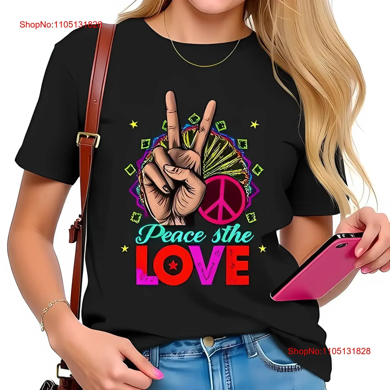 

Яркая футболка со знаком мира с жестом руки и дизайном LOVE Полностью хлопковая винтажная стираная удобная модная универсальная повседневная футболка