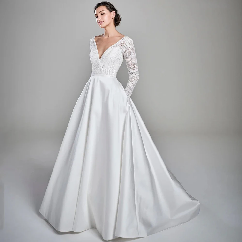 Exquisite A-Line Customized Wedding Dress Classic V-Neck Long Sleeve with Lace Satin Bridal Pocket Backless Floor Length Gown