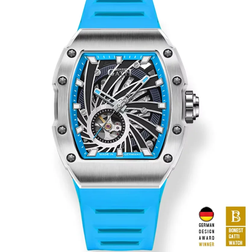 BONEST GATTI Men Automatic Watch Tonneau Mechanical Wristwatch 50m Waterproof Sapphire Mirror Luminous Skeleton Storm Eye Dial