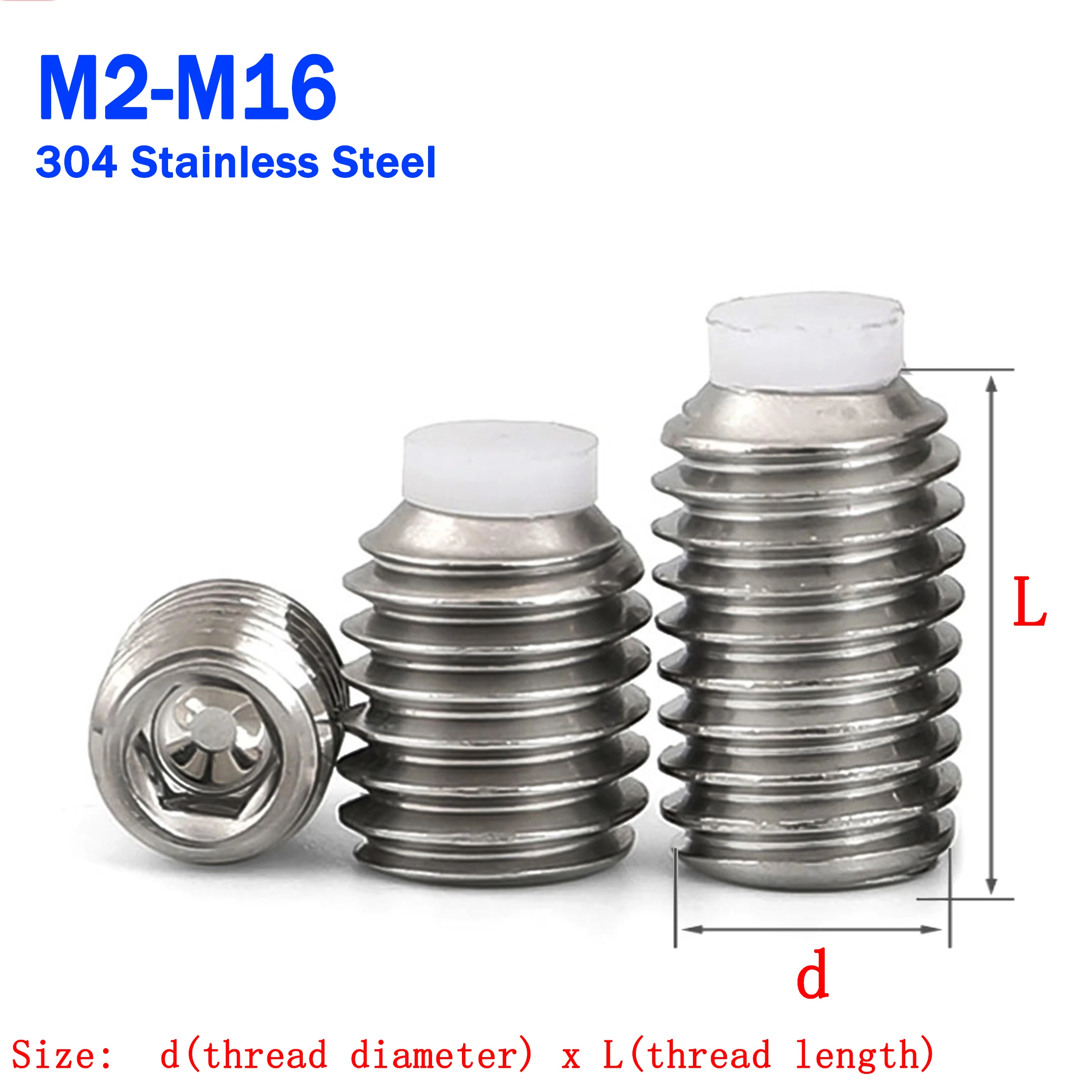 M2 M2.5 M3 M4 M5 M6 M8 M10 M12 304 Stainless Steel Hex Socket Plastic Nylon Dog Convex Point Tip Grub Headless Bolt Set Screw