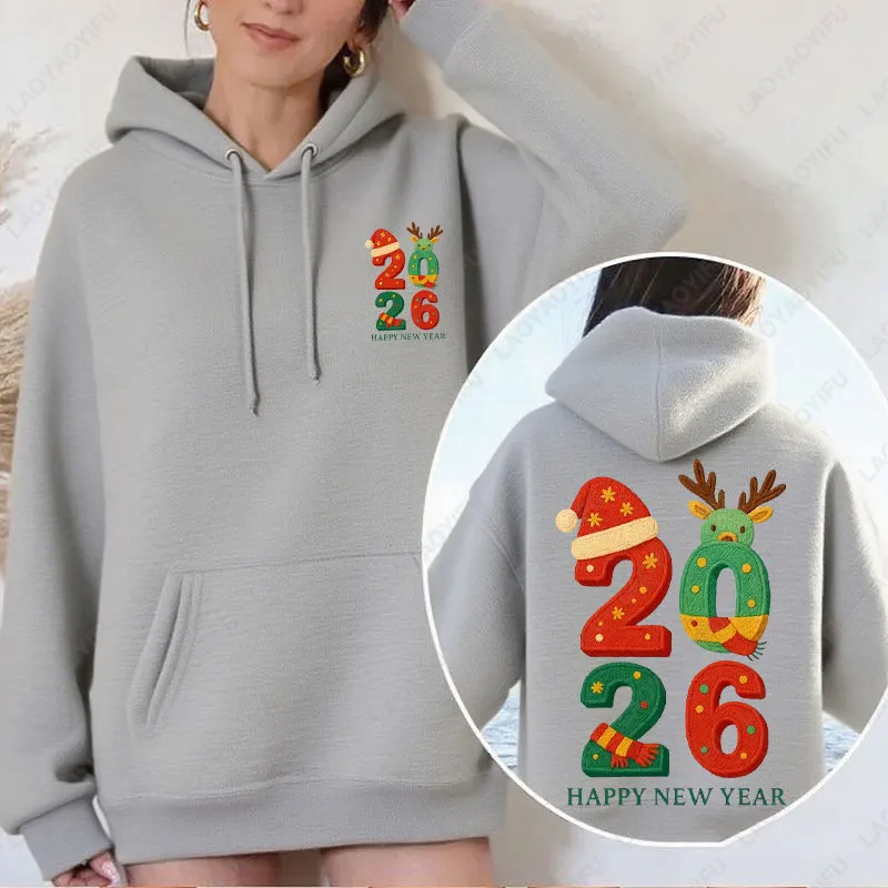 Hello 2026 Happy New Year Embroidery Cute Style Two Sided Women Hoody Happy Holiday Xmas Hat Elk Letters Graphic Simple Hoodies