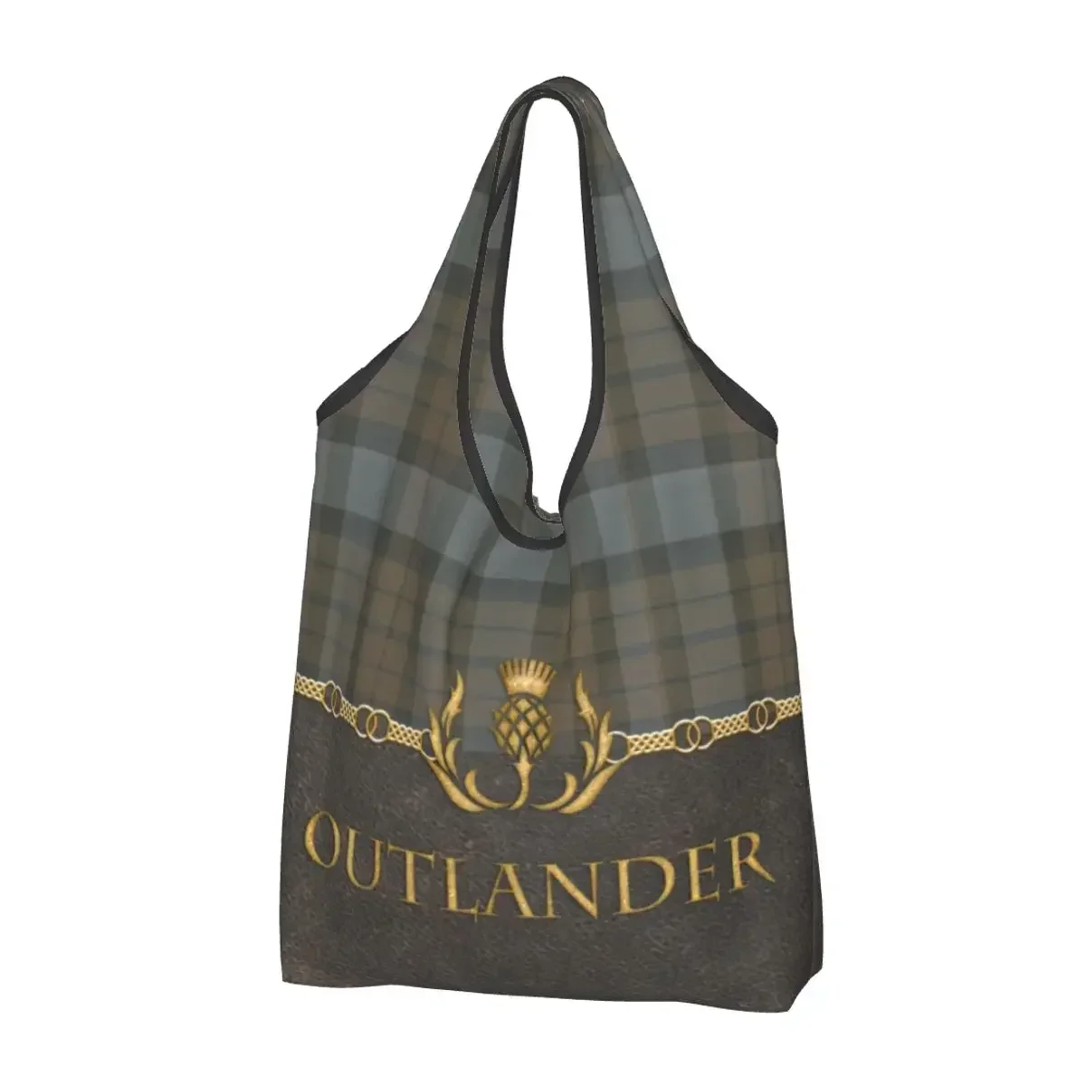 Reusable Leather And Tartan Outlander Pattern Shopping Bag Tote Bag Portable Modern Plaid Check Texture Groceries Shopper Bags