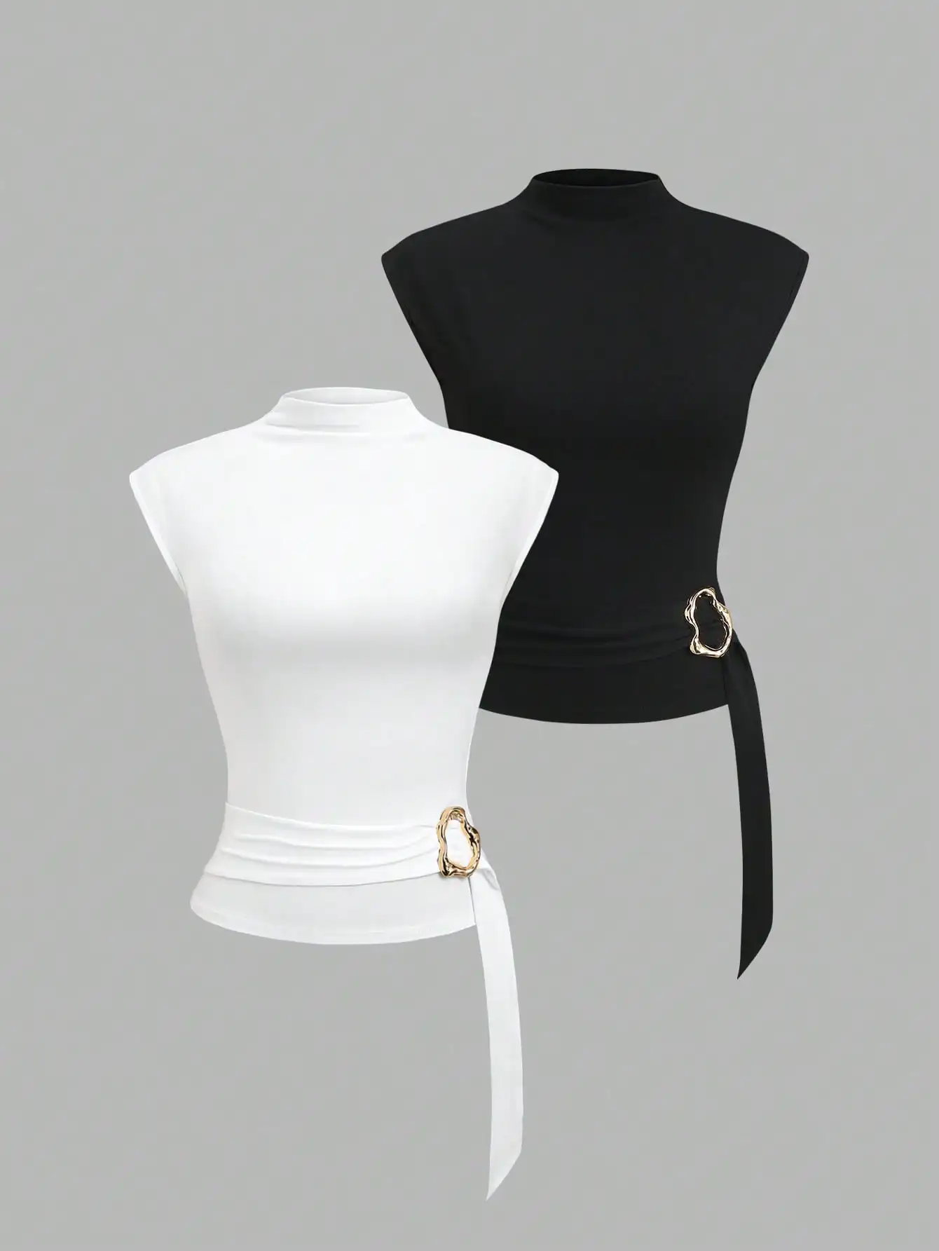 Multi-Color Semi-High Neck Sleeveless Fashion Elegant Commuter Style Women's Summer Short T-Shirt