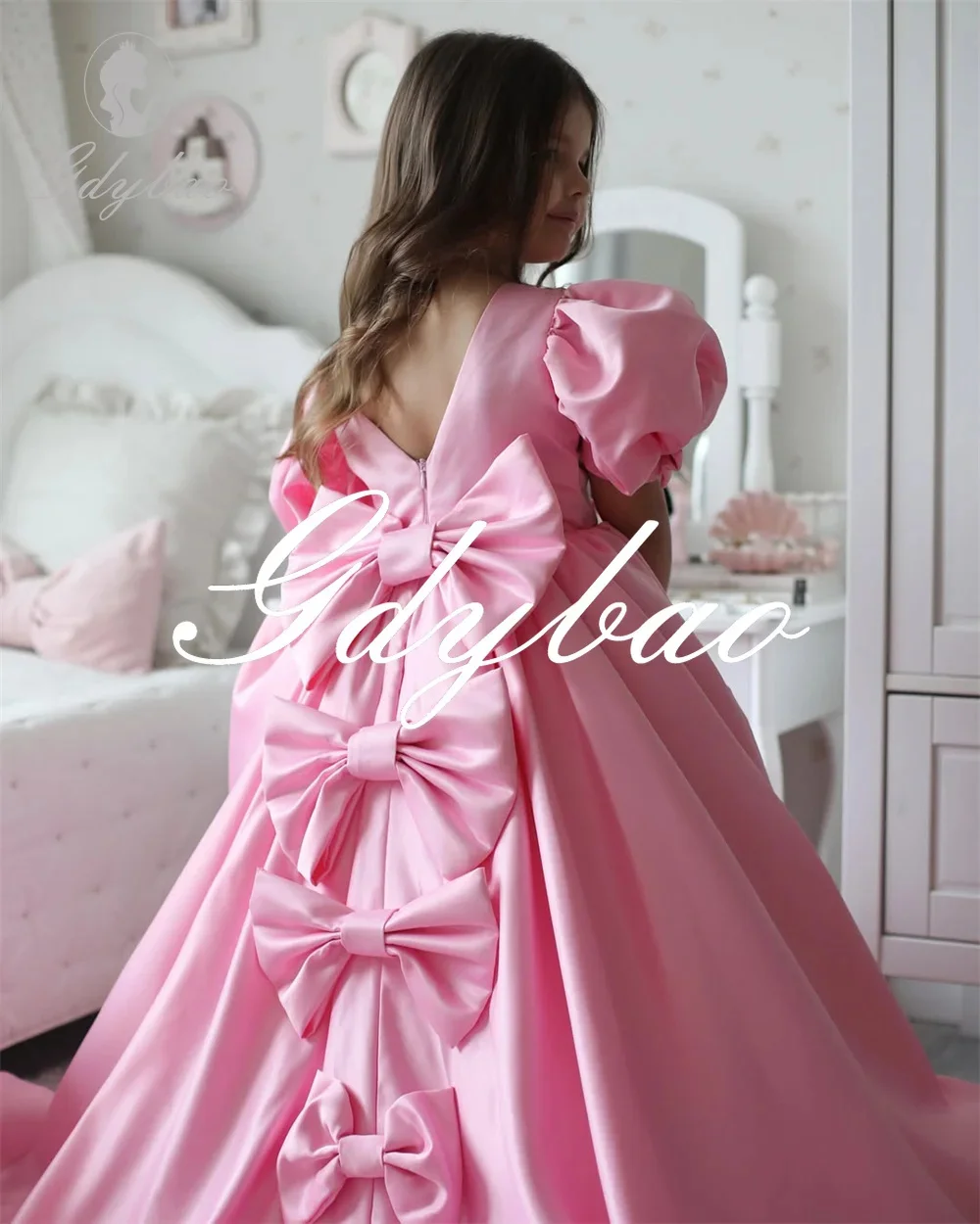 

Customized Pink Flower Girl Dress For Wedding Bowknot Satin Short Sleeve Floor Length Kids Birthday Party First Communion Gown