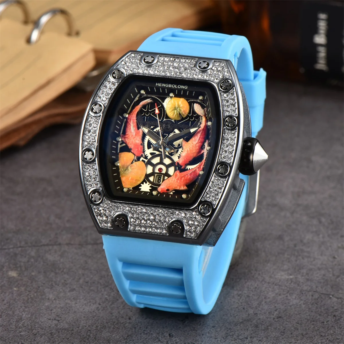 Diamond Barrel shaped colorful Three carp Multifunction functional Watch Silver quartz Watch Waterproof wholesale