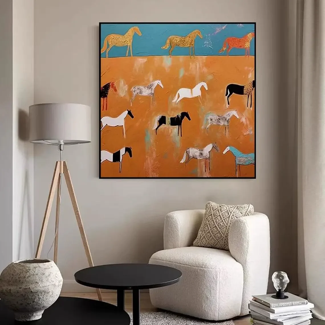Abstract Textured Horse Herd Oil Wall Decor Print - Ideal Gift for Equestrian Enthusiasts, Modern Home Stylists, or Anyone Refre