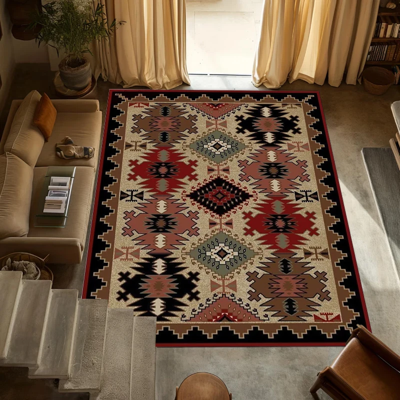 Vintage Ethnic Area Rug for Living Room Bohemian Geometric Pattern with Warm Tones Non Slip Underfoot Perfect for Home Decor