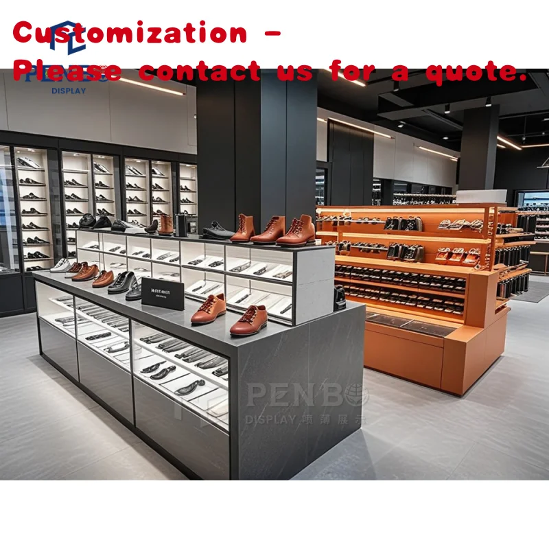 

custom.Luxury 3D Rendering Interior Design Footwear Shop Wooden Shoe Display Showcase Customized Counter Showcases To Display Sh