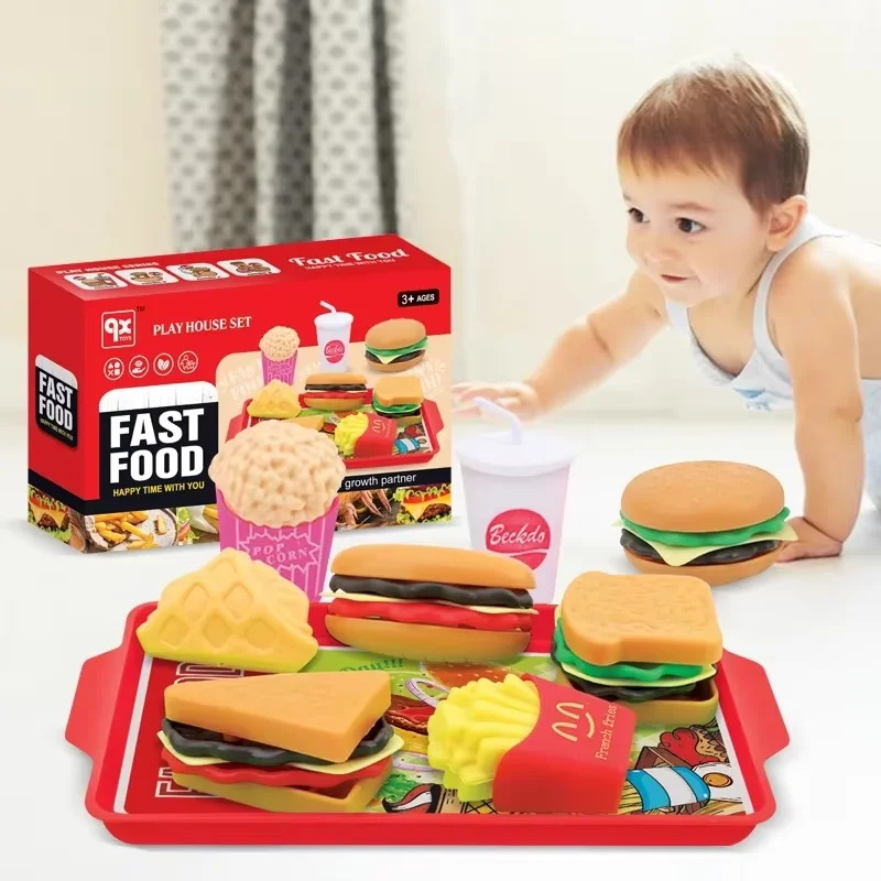 Miniature Kitchen Pretend Play Toy Set para Crianças, Food Simulation, Snack, Hambúrguer, Pão, Educacional, Comida, Hambúrguer, 9Pcs