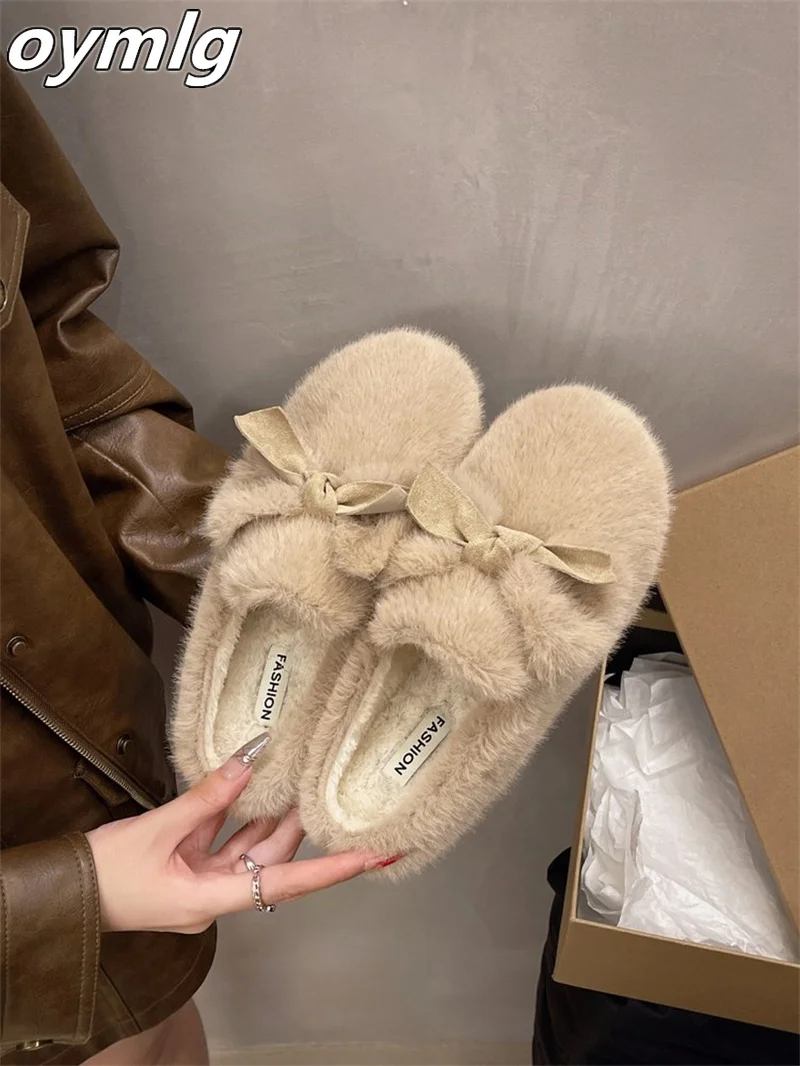 Step on Fairy Bean Shoes, Women's Winter Plush Cotton Shoes, New Butterfly Knot Hairy Shoes, Flat Shoes for Outer Wear