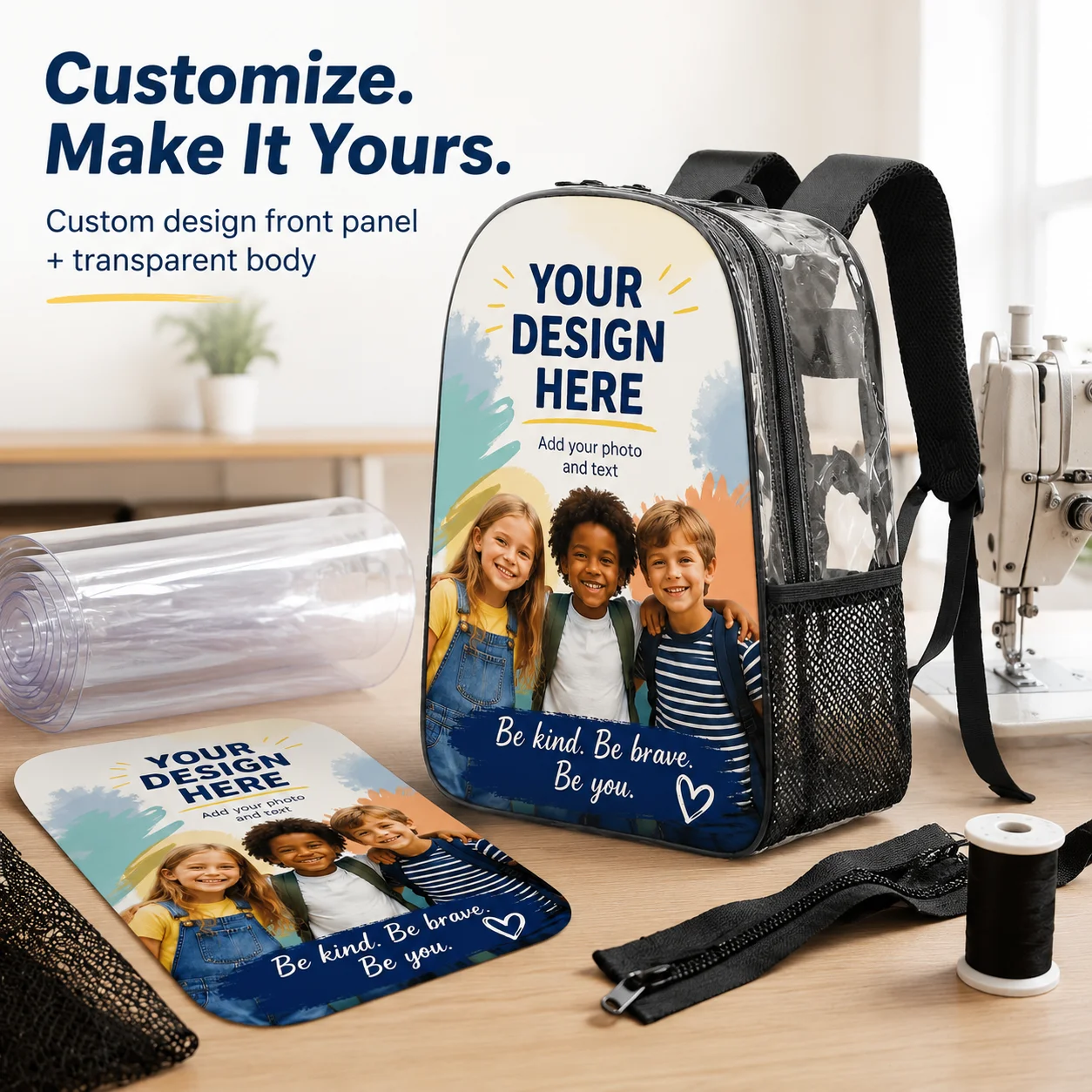 DIY Custom Picture Clear PVC Backpack Waterproof Stadium Bag Breathable Padded Strap Student Bookbag