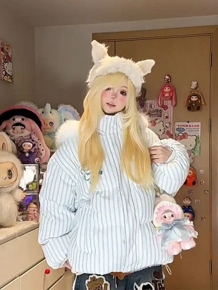 Cute Preppy Style Striped Parkas Women Hooded Rabbit Ears Sweet Kawaii Puffy Coats Winter Warm Female Letter Long Sleeve Jacket