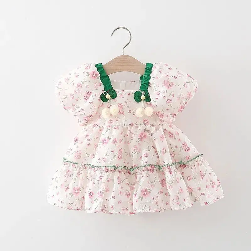 1 Piece Middle Small Children's Summer Thin Dress Girls Sweet Cute Foreign Flavor Dresses Puff Sleeve Floral Girls Dress