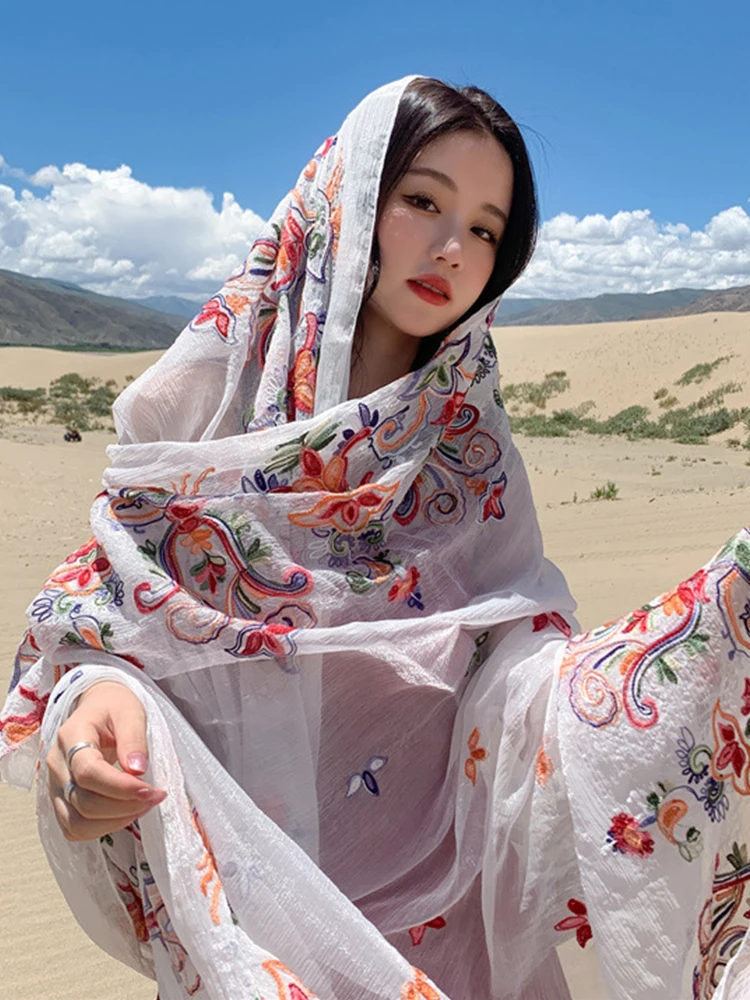 

New Summer Elegant Women Silk Scarf Beach Wrap Shawl Embroidered Floral Lady Sunscreen Bandana Hijab Mujer Bohemian Scarve Pareo