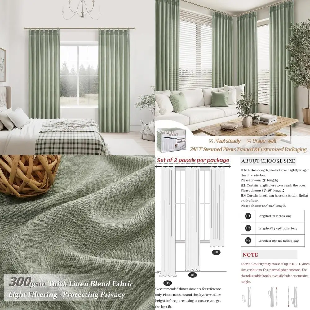 

96 льняных прозрачных штор со складками для гостиной, светофильтрация конфиденциальности, комплект из 2 панелей с крючками и вкладкой на спине