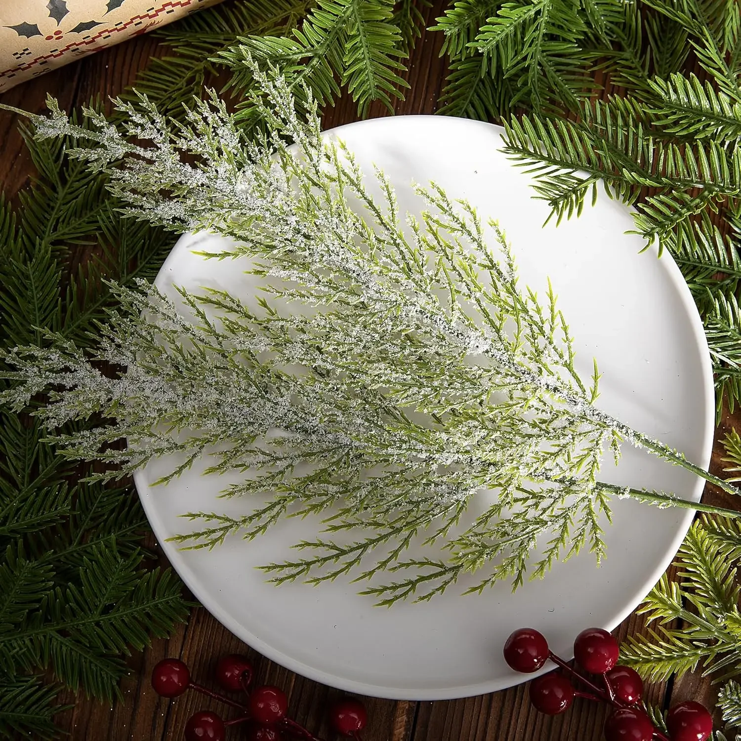 Christmas Snow Frosted Pine Branches Artificial Faux Cedar Fake Sprigs Pine Leaves Plastic Cypress Garland Wreath DIY Decoration
