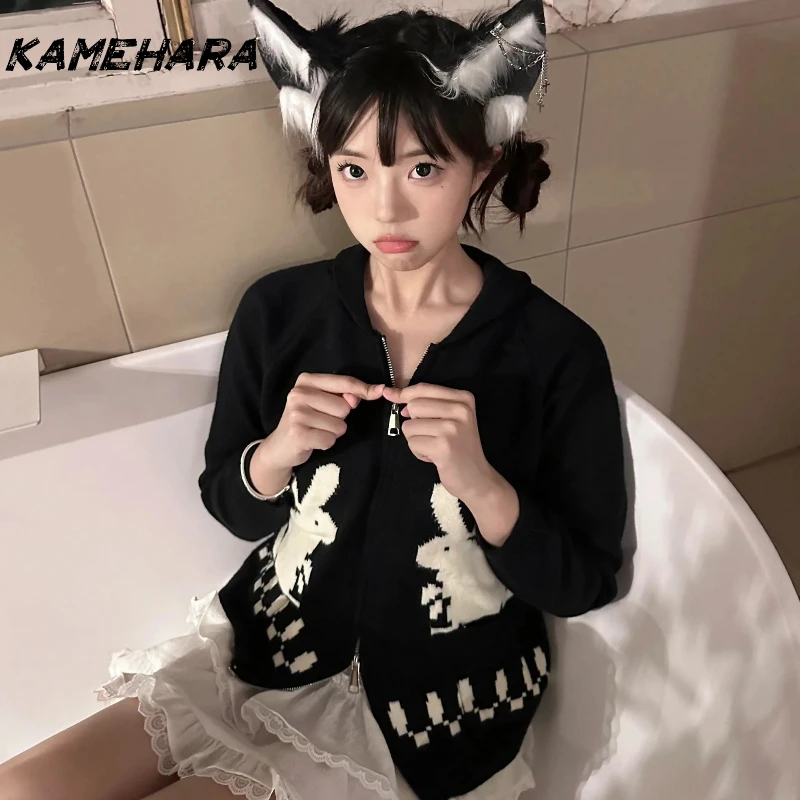 

KAMEHARA Japanese Y2k Knit Cardigans Vintage Rabbit Embroidery Zipper Knitwear Harajuku 2000s Korean Knitted Coat Preppy Jumpers