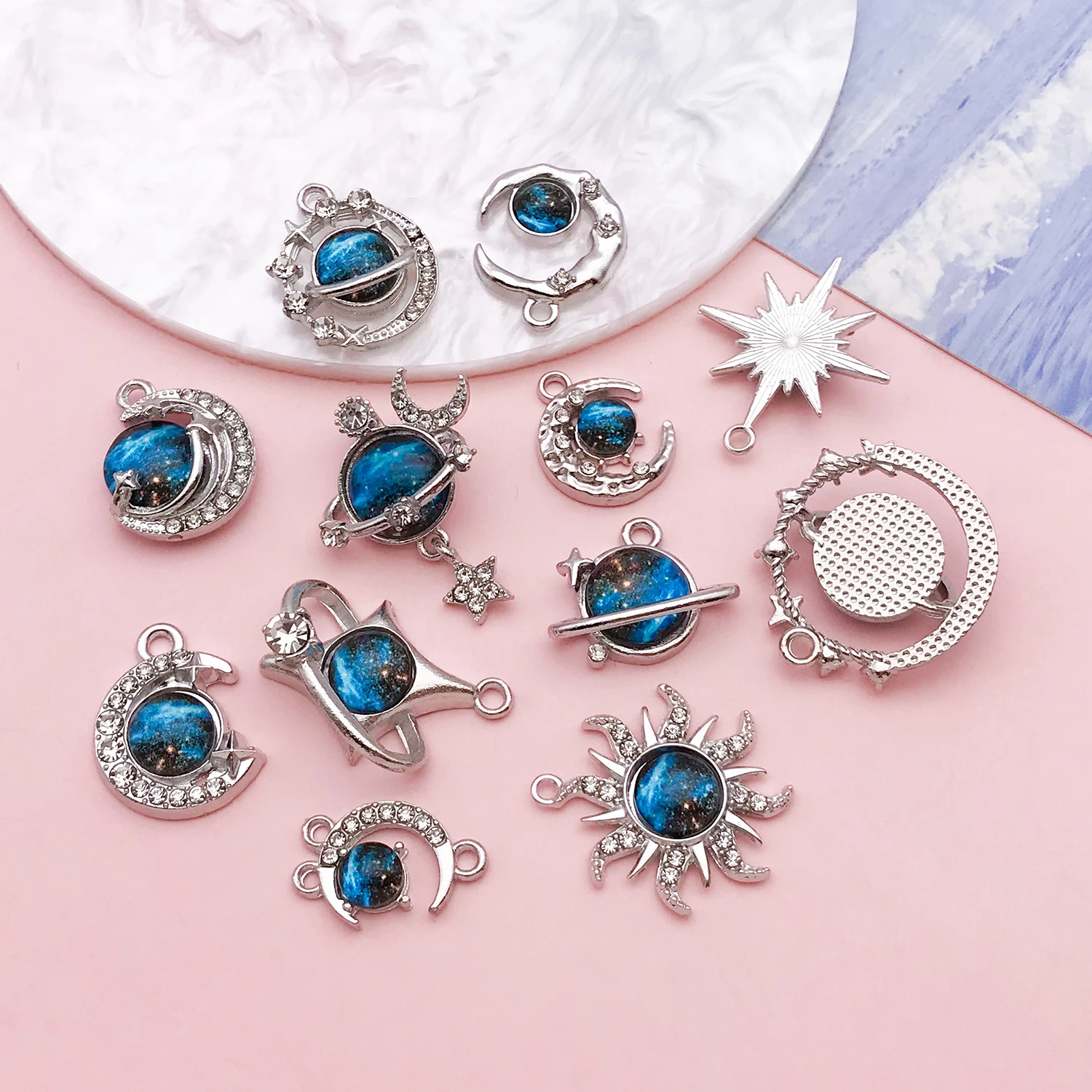 12pcs Alloy Silvery Glass Patch Stars Moon Sun Pendant Jewelry Making DIY Earrings Charms for Jewelry Bracelets Necklace