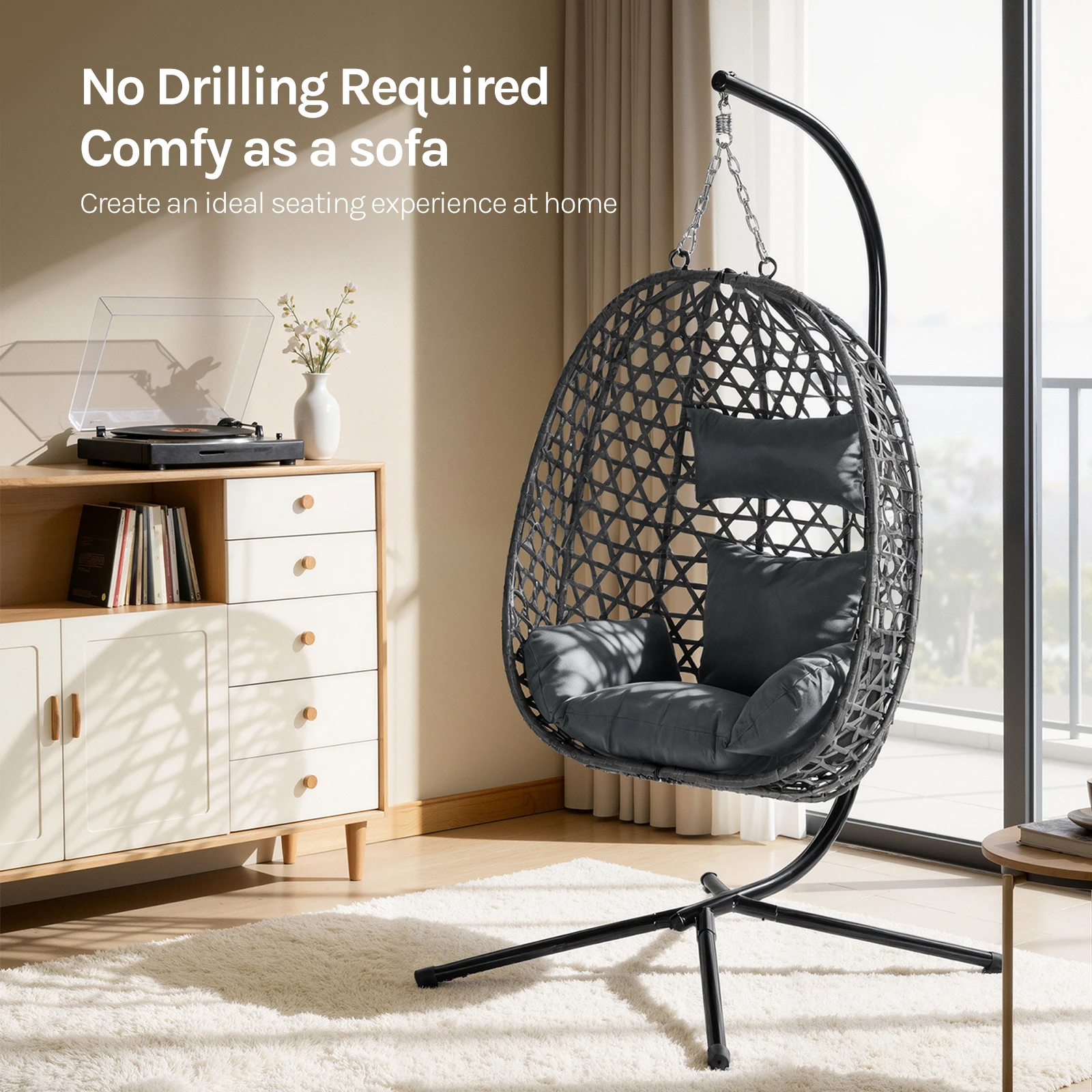 Silla Colgante Tipo Huevo WOLTU con Cojín y Reposacabezas, Silla Columpio con Soporte para Interiores, Exteriores, Jardín, Balcón, Patio