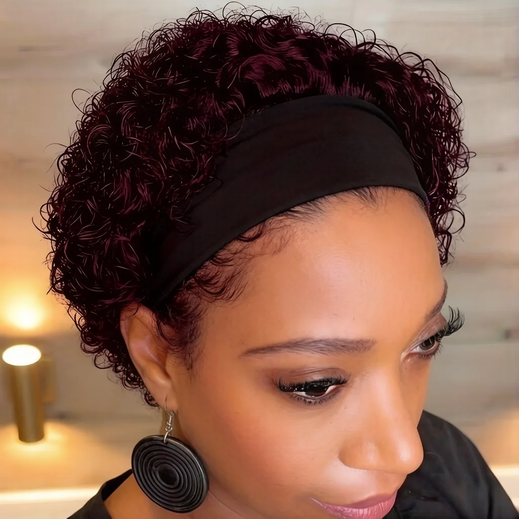 

Short Curly Headband Wig for Women - full machine made Pixie Cut Jerry Curly Half Wig,human hair Wig with Headband wig