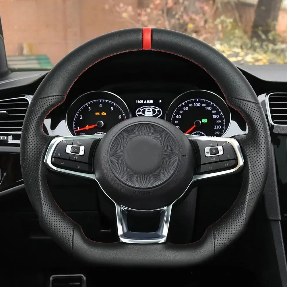 Full Leather Round Top Flat Bottom Steering Wheel Red Stitching Position Line Fit For Volkswagen VW Golf 7 MK7 GTI 2015-2017 With Paddle Shifter Holes