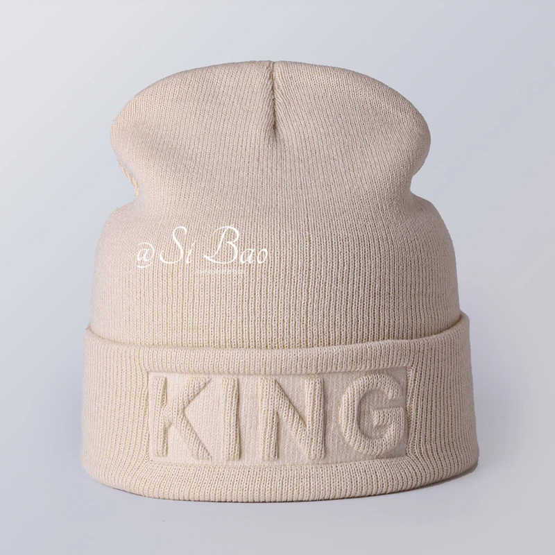 New Winter Hat King Queen Beanies Fashion Hip Hop Couples Cap Casual Solid Hat Men Woman Warm Knitted Beanie Ski Skullies Bonnet