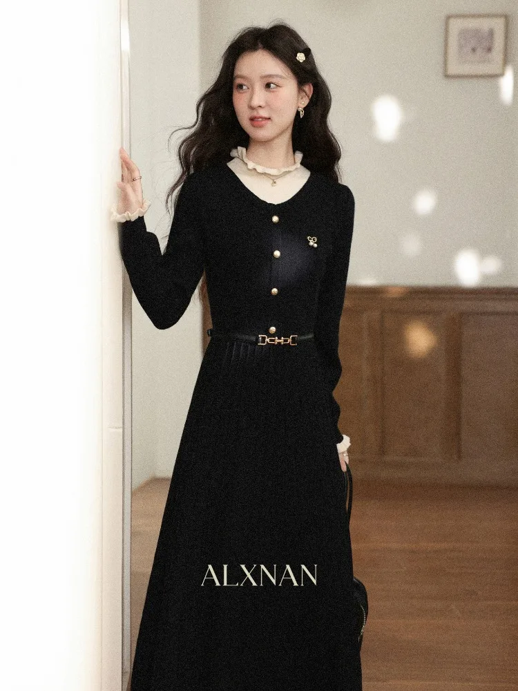 

ALXNAN Black Dress Women Elegant Party Ruffled Collar Fake Two-Piece Long Sleeve Dresses 2025 Fall Winter Female Clothing L59738