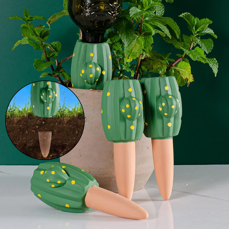 Green Cactus Shaped Ceramic Automatic Drip Irrigation House Horticulture Watering Kits Home Garden Flowers Plants Soil Dripper