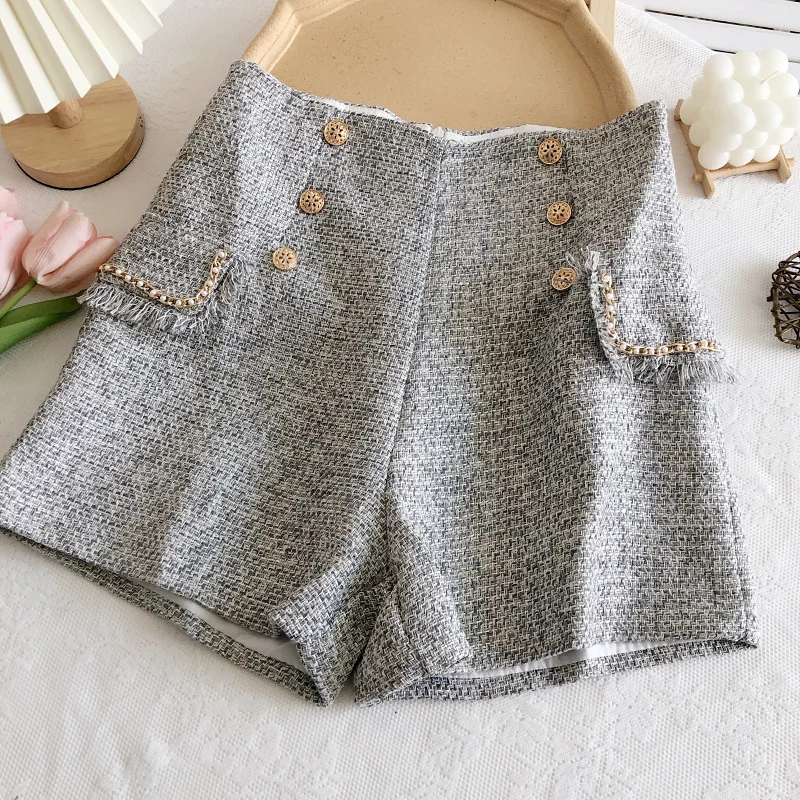 가을 겨울 신상 여성용 반바지 트위드 더블 브레스티드 하이웨이스트 태슬 엣지 가짜 포켓 반바지 따뜻한 와이드 레그 숏 팬츠