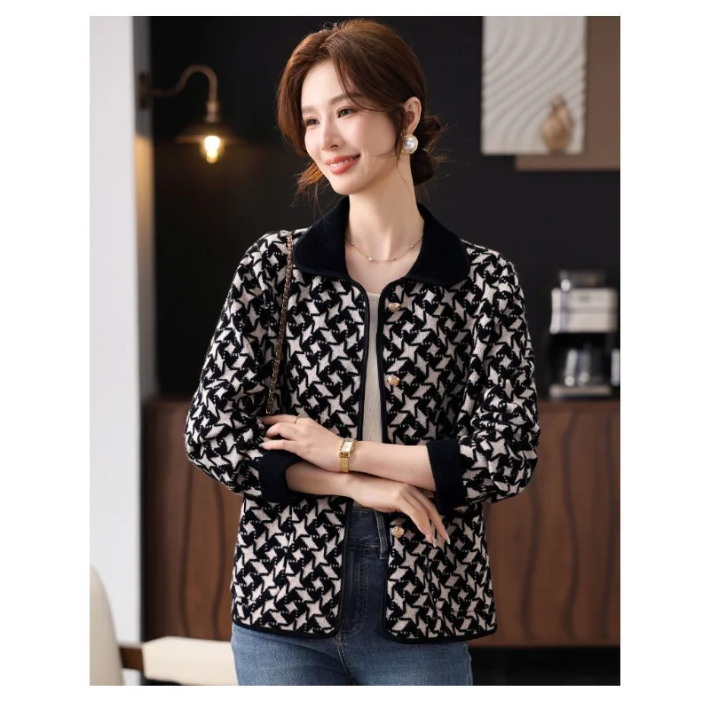 Middle-aged Mother's Coat for Women in Spring and Autumn Knitted Jacket Rich Wife Cardigan Printed Top Fashionable