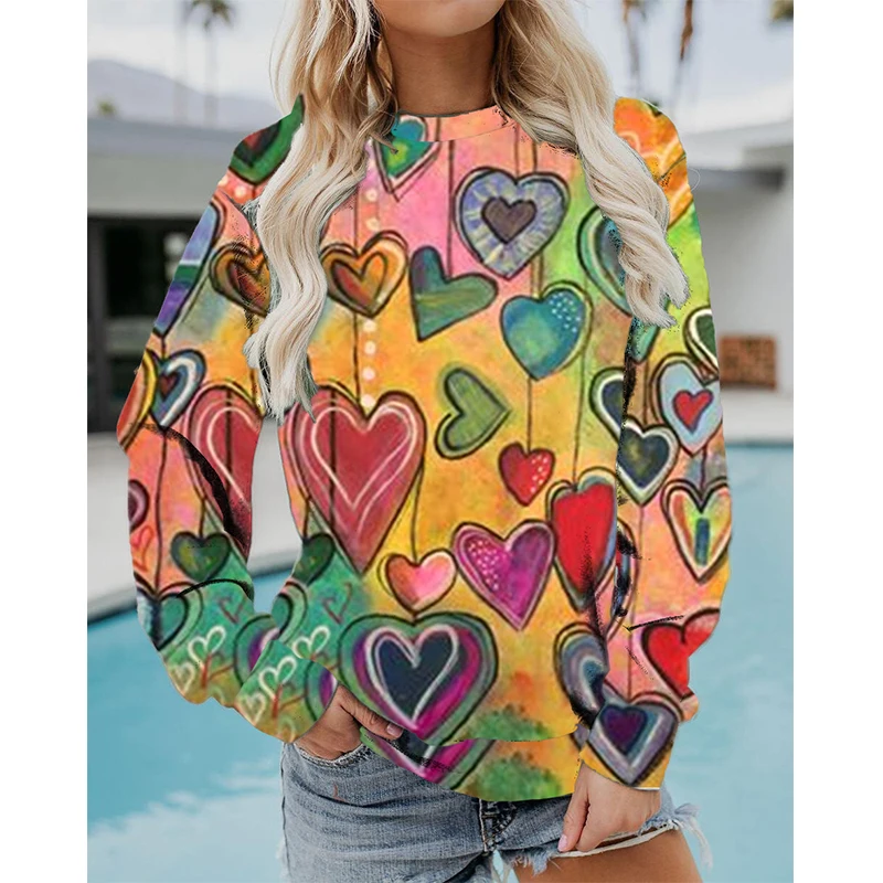 Colorful Heart Pattern Graffiti Art Love 3D Print Sweatshirts Women Long Sleeve Hoodies Streetwear Pullovers Top Female Clothing