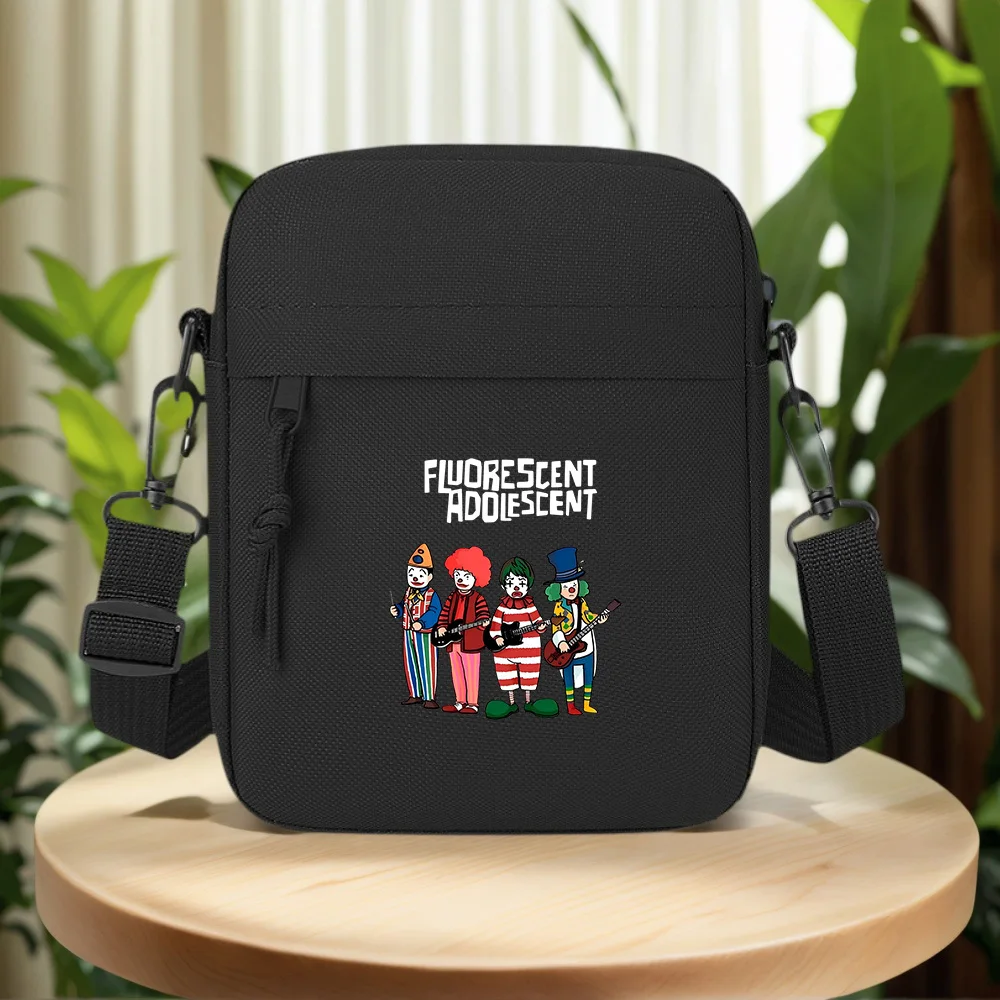 Clowns playing guitars,black background. Men Crossbody Bag Single Shoulder Women Cartoon Anime Film Printing Design Unisex