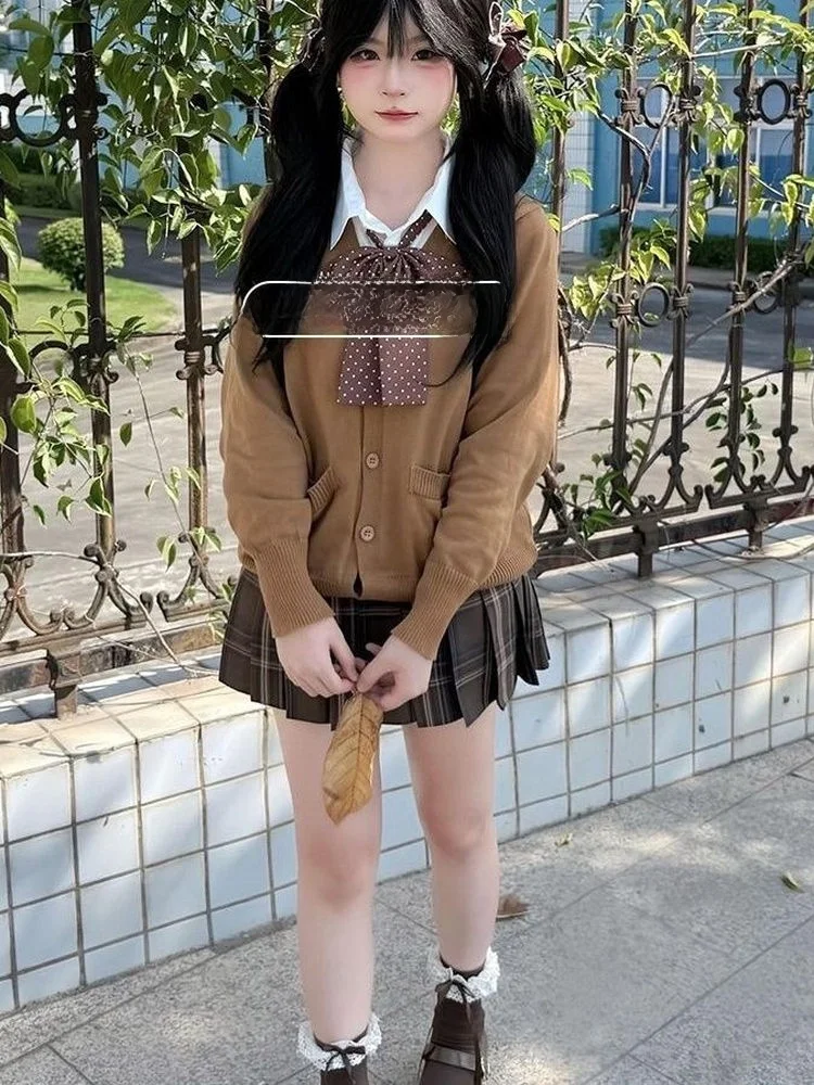 

Ранняя осень, жареный каштановый цвет, JK orm, вязаный свитер, кардиган, комплект с юбкой, женский комплект Faion College Sle E...