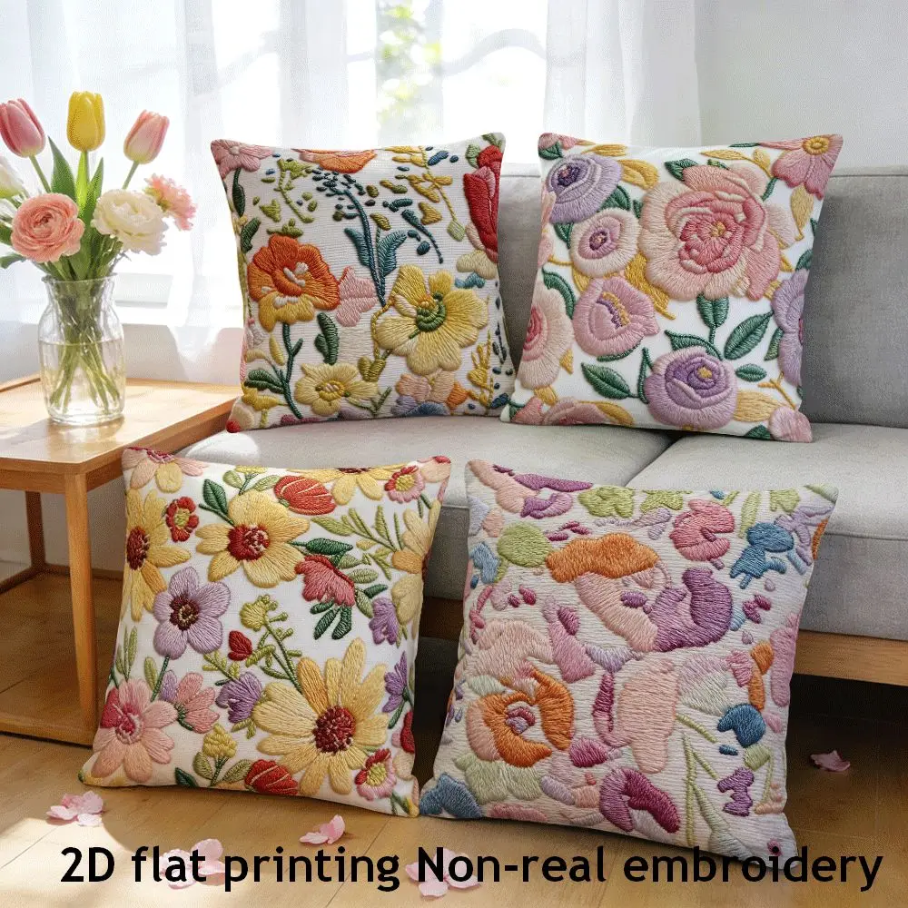 

Floral Embroidery Style Pillow Covers Set of 4 Velvet Polyester Decorative Cushion Cover