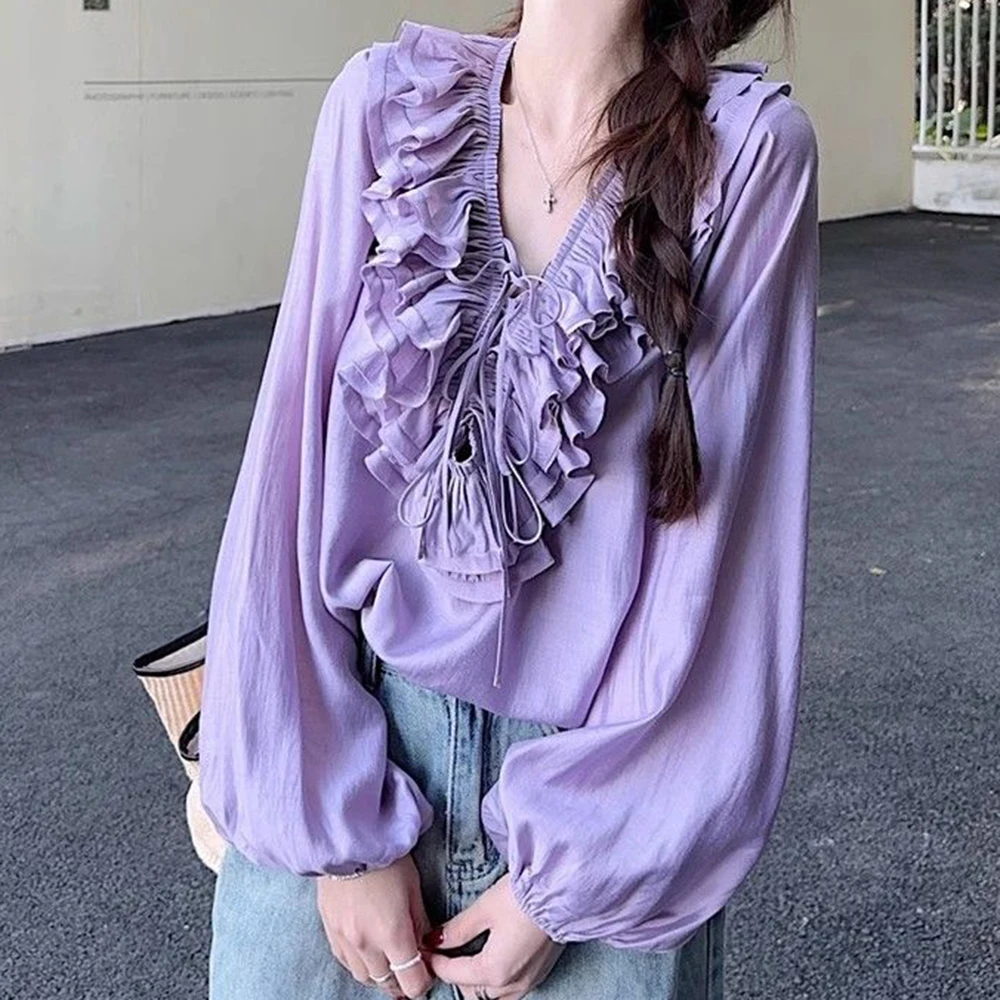 French ruffle edge drawstring V-neck shirt women's 2025 spring new  niche unique chic long-sleeved shirt