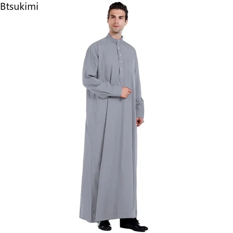 2025 Muslim Fashion Abayas for Men Solid Color Long Sleeve Kaftan Stand Collar Robe Thobe Jubba Dishdasha Thawb Islamic Clothing