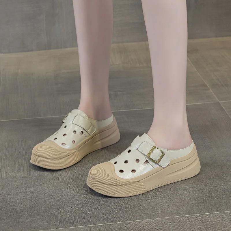 DIMANYU Women Slippers Genuine Leather 2025 Summer New Casual Eyelet Slippers Women Platform Hollow One Foot Slippers Women